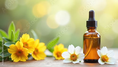 A bottle of essential oil with fresh yellow and white flowers in a peaceful natural setting. Perfect for aromatherapy and wellness themes.