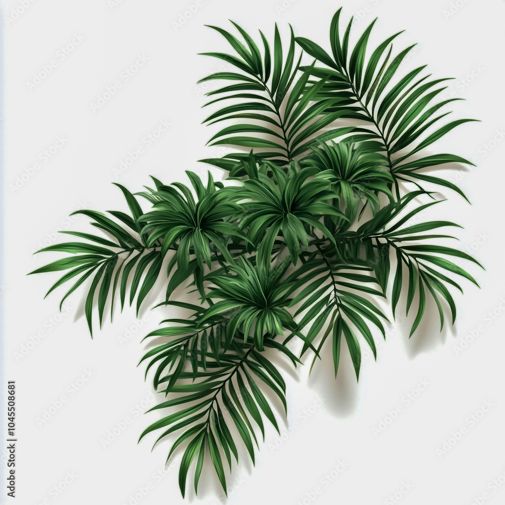 Realistic palm leaf shrubs arranged in a corner on a clean white background. Realistic palm leaf shrubs arranged in a corner on a clean white background.
