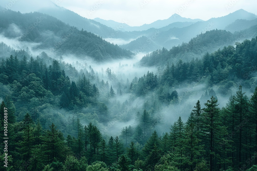 Misty Mountain Forest with Rolling Hills and Lush Green Trees Misty Mountain Forest with Rolling Hills and Lush Green Trees
