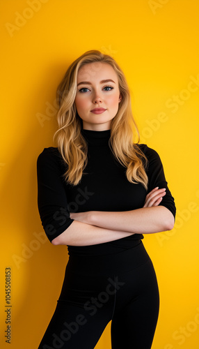 Blonde girl in black top and black leggings against yellow studio wall background