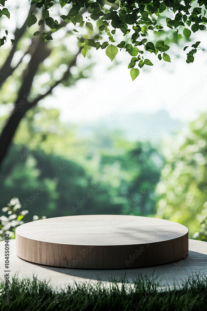 Natural Podium in Forest Background for Product Presentation - Organic Display Stand Concept Natural Podium in Forest Background for Product Presentation - Organic Display Stand Concept