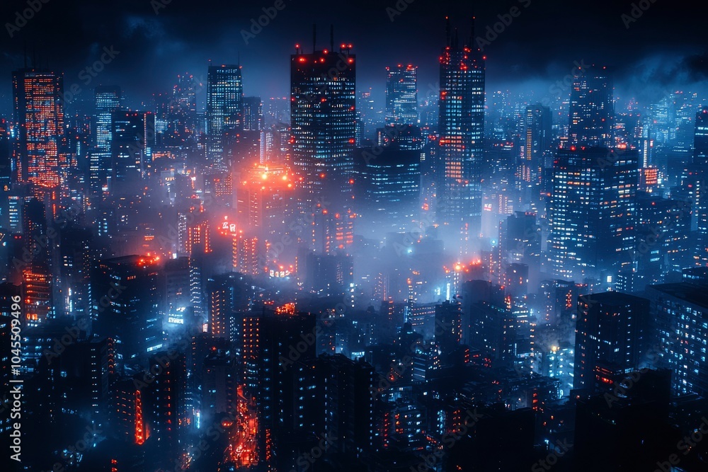 Naklejka premium A Foggy Nighttime View of a Dense Cityscape with Illuminated Windows