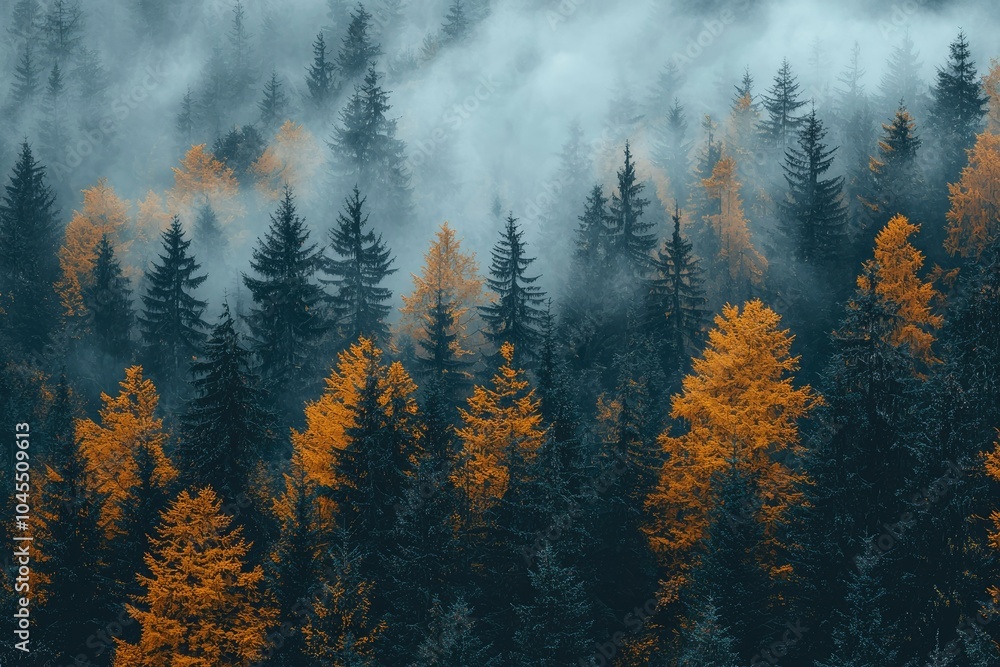Foggy Forest with Autumnal Trees in Deep Blue Hues Foggy Forest with Autumnal Trees in Deep Blue Hues