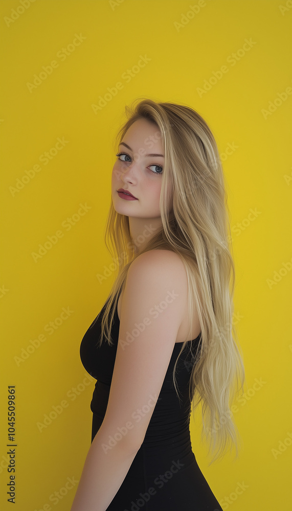 Blonde girl in black top and black leggings against yellow studio wall background Blonde girl in black top and black leggings against yellow studio wall background