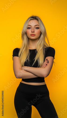 Blonde girl in black top and black leggings against yellow studio wall background