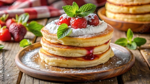 Fluffy Pancakes with Whipped Cream, Powdered Sugar, Strawberries, and Mint Leaves on a Wooden Table