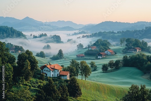 Wallpaper Mural Rural Houses nestled in Foggy Valley Landscape Torontodigital.ca