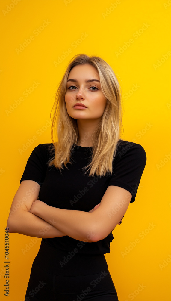 Blonde girl in black top and black leggings against yellow studio wall background Blonde girl in black top and black leggings against yellow studio wall background