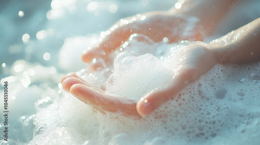 Fototapeta premium Close-Up of Hands with Soft Bubbly Foam