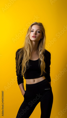 Blonde girl in black top and black leggings against yellow studio wall background