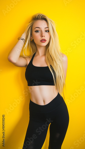 Blonde girl in black top and black leggings against yellow studio wall background