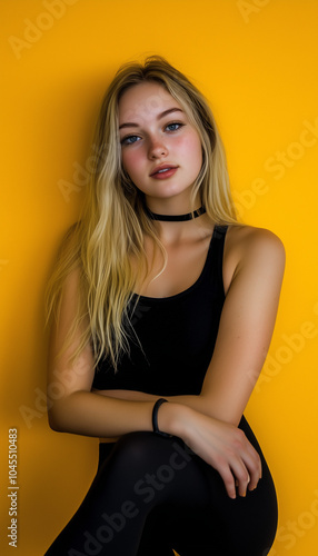 Blonde girl in black top and black leggings against yellow studio wall background
