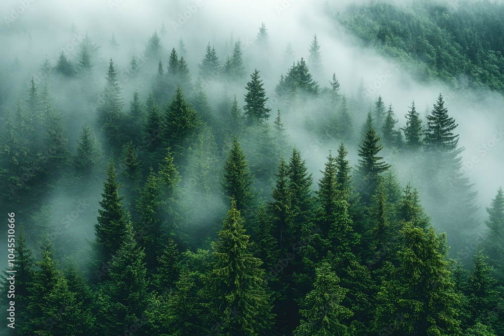 Misty Evergreen Forest with Tall Pine Trees Misty Evergreen Forest with Tall Pine Trees