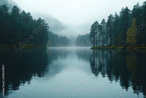 A Serene Foggy Lake Surrounded by Tall Evergreens Reflecting in the Still Water