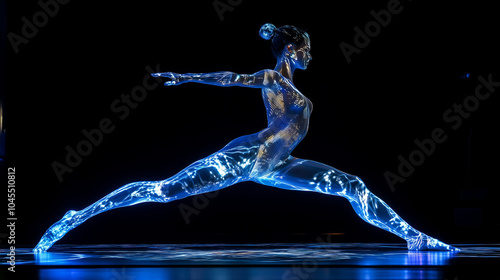 A woman contorted in mid-air, body glowing with blue light. photo