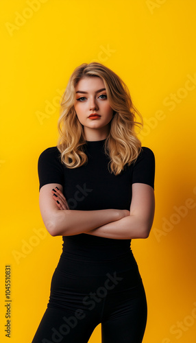 Blonde girl in black top and black leggings against yellow studio wall background