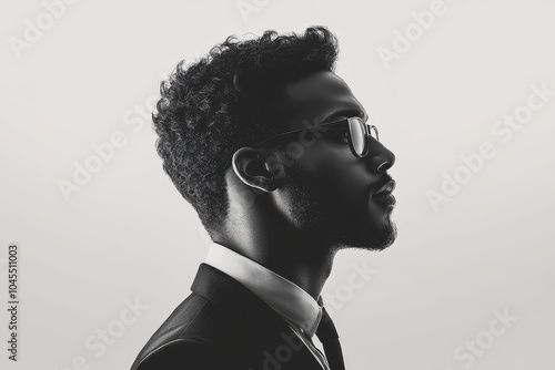 black and white male silhouette of black man in profile on light background, businessman