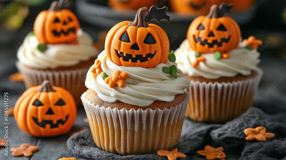Close-up of cupcakes decorated with jack-o'-lantern toppers. Close-up of cupcakes decorated with jack-o'-lantern toppers.