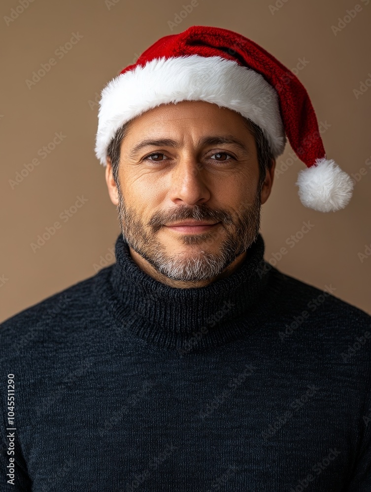 caucasian adult man in Santa hat and sweater on beige background caucasian adult man in Santa hat and sweater on beige background