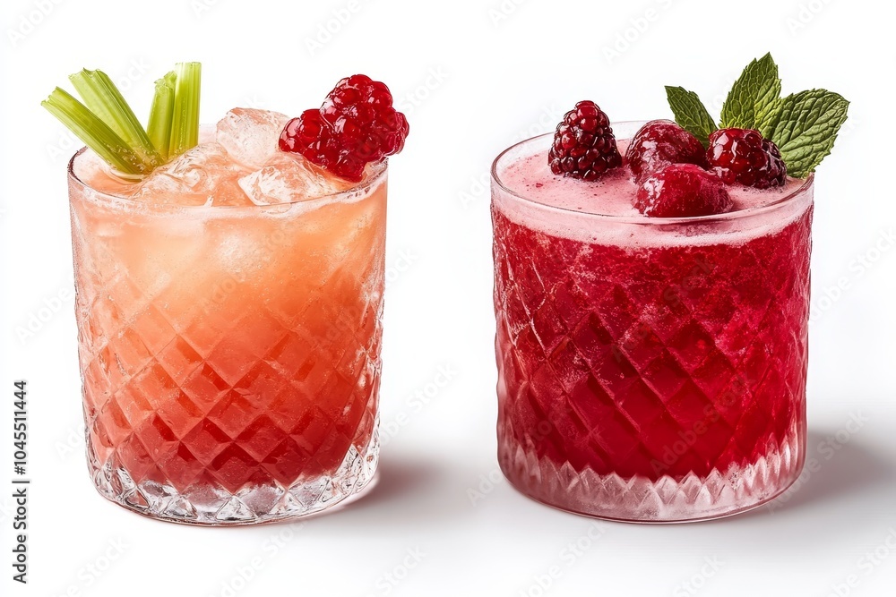 Two Refreshing Fruit Cocktails Garnished with Berries and Mint on a White Background Two Refreshing Fruit Cocktails Garnished with Berries and Mint on a White Background