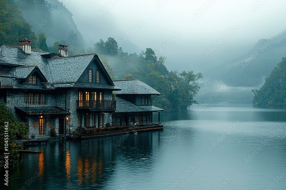 Fototapeta premium Stone Cottage on a Misty Lake in a Mountainous Landscape