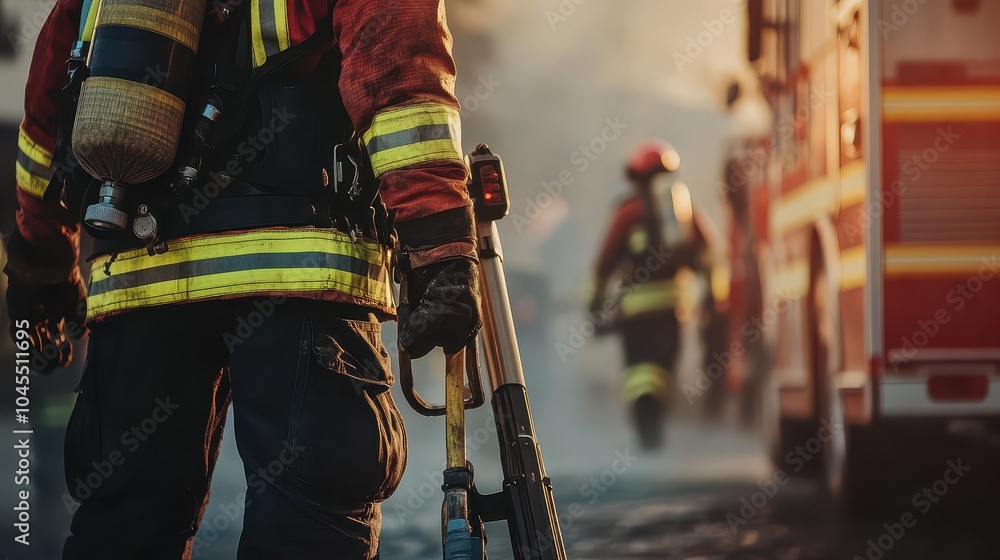 A brave firefighter stands ready with equipment, showcasing dedication and teamwork during a fire response operation. A brave firefighter stands ready with equipment, showcasing dedication and teamwork during a fire response operation.
