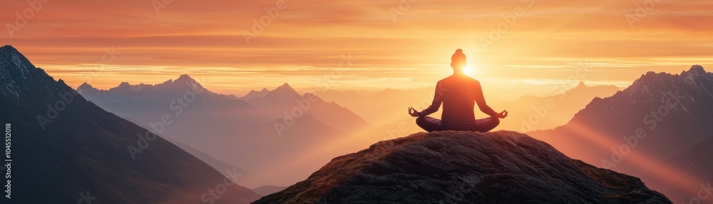 A serene figure meditating on a mountain at sunset, surrounded by majestic peaks and warm golden light illuminating the sky. A serene figure meditating on a mountain at sunset, surrounded by majestic peaks and warm golden light illuminating the sky.