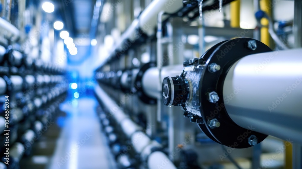 Water production facility generating freshwater, showcasing advanced purification and filtration systems. Water production facility generating freshwater, showcasing advanced purification and filtration systems.