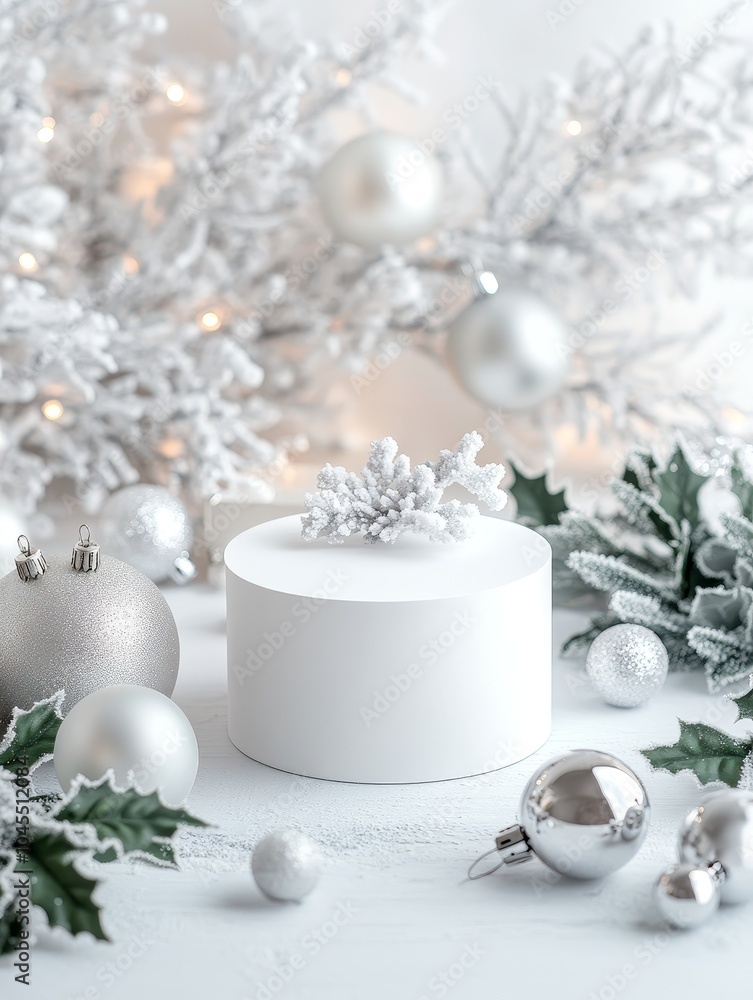Elegant snowy christmas scene with silver ornaments and holly leaves for festive celebrations and holiday decor ideas Elegant snowy christmas scene with silver ornaments and holly leaves for festive celebrations and holiday decor ideas