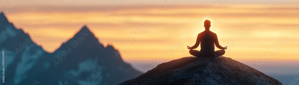 A serene silhouette of a person meditating atop a mountain, bathed in warm sunset hues, surrounded by majestic peaks. A serene silhouette of a person meditating atop a mountain, bathed in warm sunset hues, surrounded by majestic peaks.