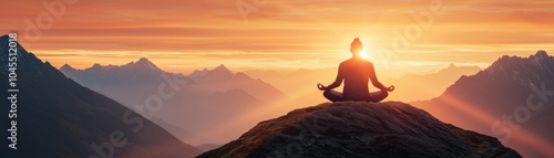 A serene figure meditating on a mountain at sunset, surrounded by majestic peaks and warm golden light illuminating the sky.