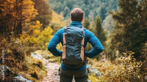 Back pain relief. Man hiker with back pain