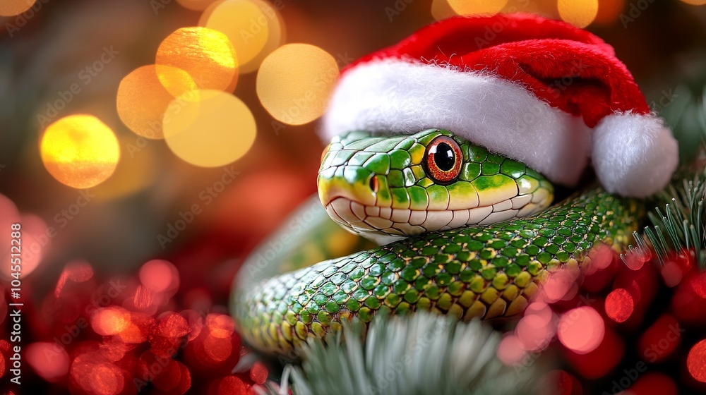 green snake with santa hat on festive christmas background green snake with santa hat on festive christmas background