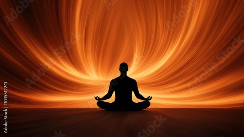 A serene silhouette in lotus position radiates peace against a dynamic, fiery background, symbolizing meditation and inner harmony.