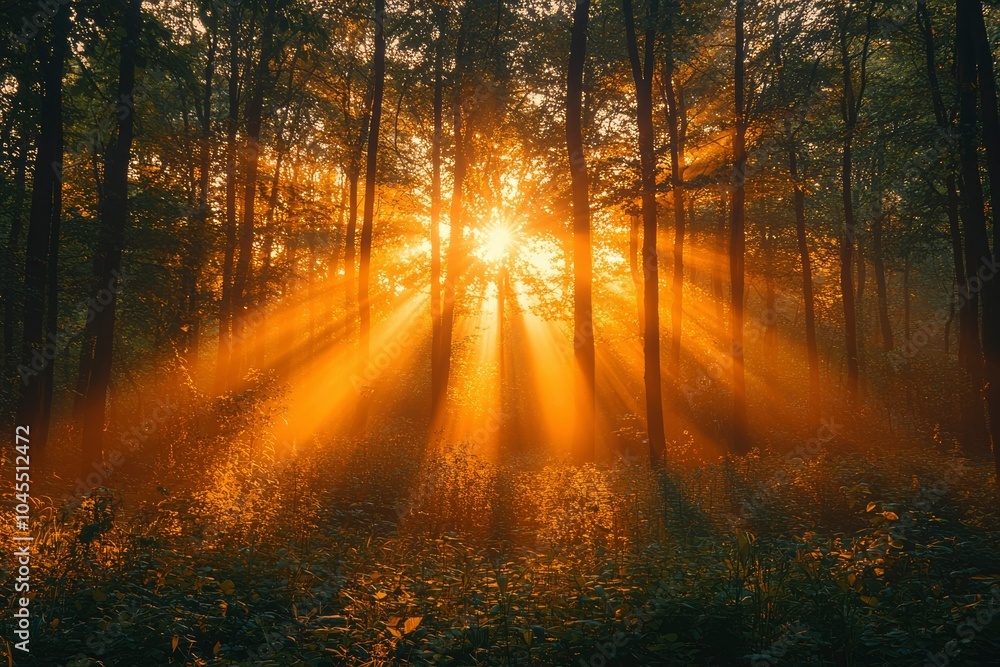 Fototapeta premium Golden Sunlight Beams Through a Misty Forest