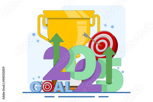 champion concept, achievement, winner, best. target to achieve business success in 2025, victory, achievement in 2025. new year 2025. trophy and number 2025 illustration.