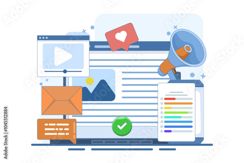 Content marketing concept, Brand content promotion, Email marketing, Social media advertising, Content strategy, content marketing strategy, Social media, vector illustration with icons.