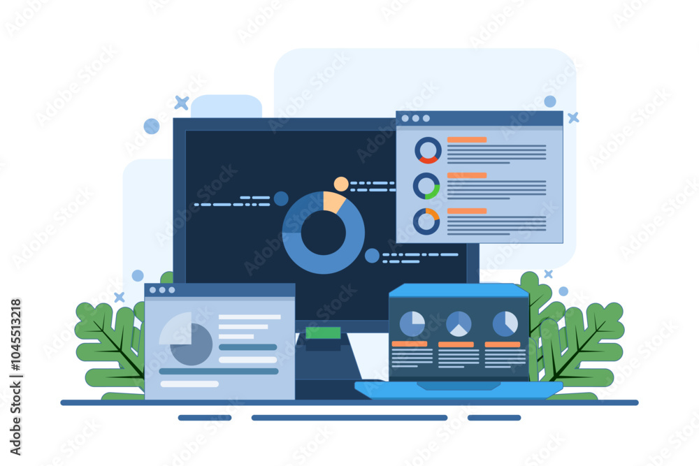 Concept of data and information displayed on dashboard, SEO marketing analytics vector illustration, Marketing analysis, Market research, Business analysis. flat vector illustration on background. Concept of data and information displayed on dashboard, SEO marketing analytics vector illustration, Marketing analysis, Market research, Business analysis. flat vector illustration on background.