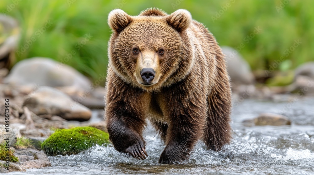 A large brown bear walks through a shallow stream with its paws partially submerged in the water, looking directly at the viewer. A large brown bear walks through a shallow stream with its paws partially submerged in the water, looking directly at the viewer.