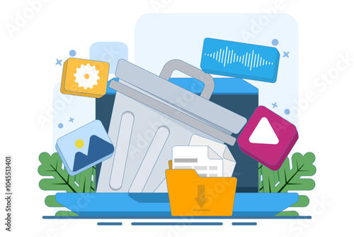 concept of Deleting data and moving unnecessary files to trash, Cleaning digital memory, Deleting documents in trash, Cleaning software, vector flat illustration template.
