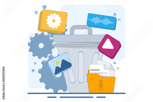 concept of Deleting data and moving unnecessary files to trash, Cleaning digital memory, Deleting documents in trash, Cleaning software, vector flat illustration template.