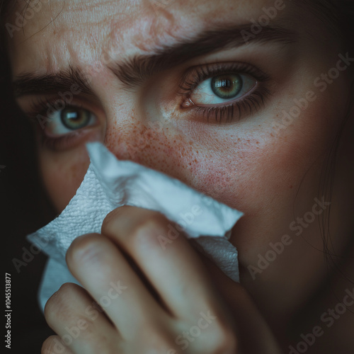 Woman with tissue feeling unwell and emotional