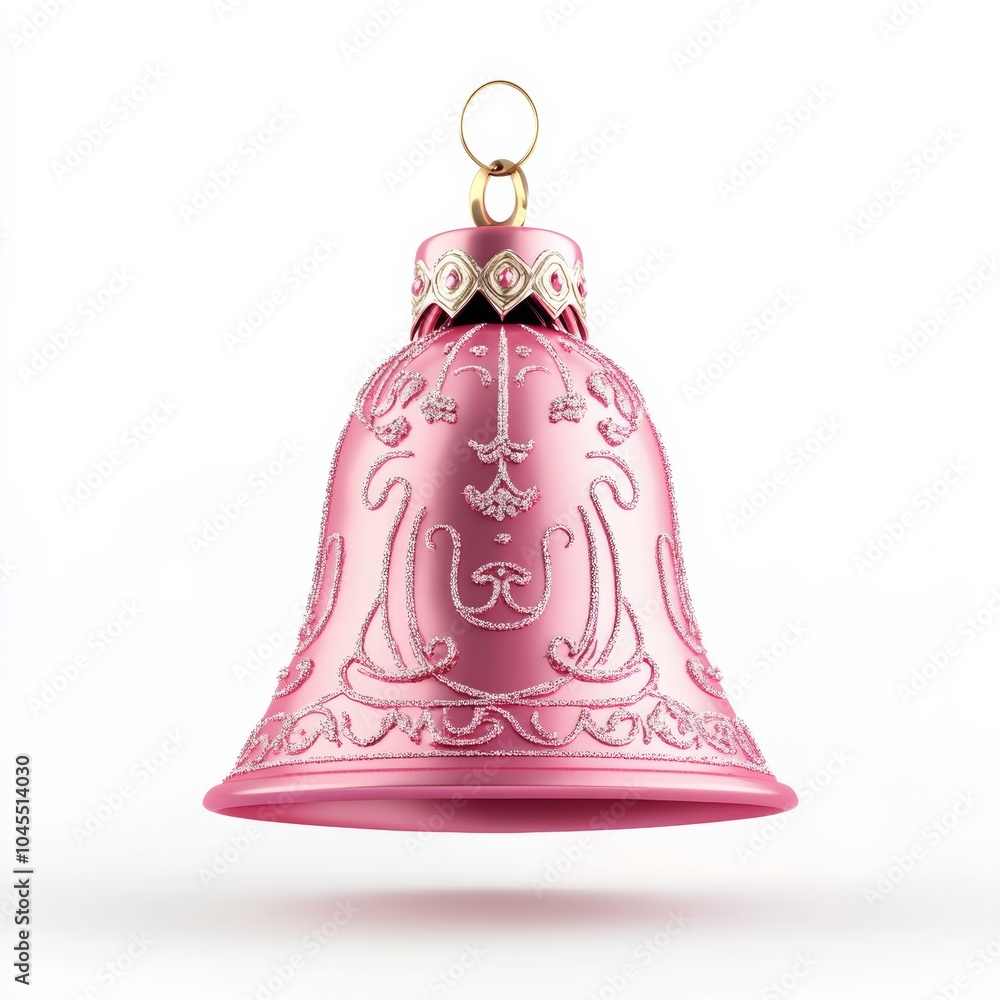 A striking 3D icon of a pink Christmas bell, shining with festive designs, isolated against a bright white backdrop A striking 3D icon of a pink Christmas bell, shining with festive designs, isolated against a bright white backdrop