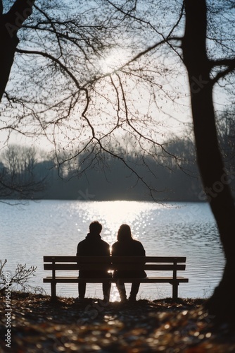 Two people sitting on a bench by the water