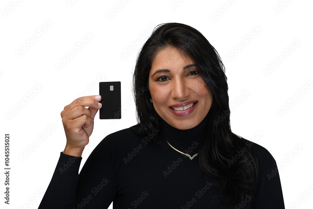 beautiful brunette woman holding a black credit card, brunette woman smiles beautiful brunette woman holding a black credit card, brunette woman smiles