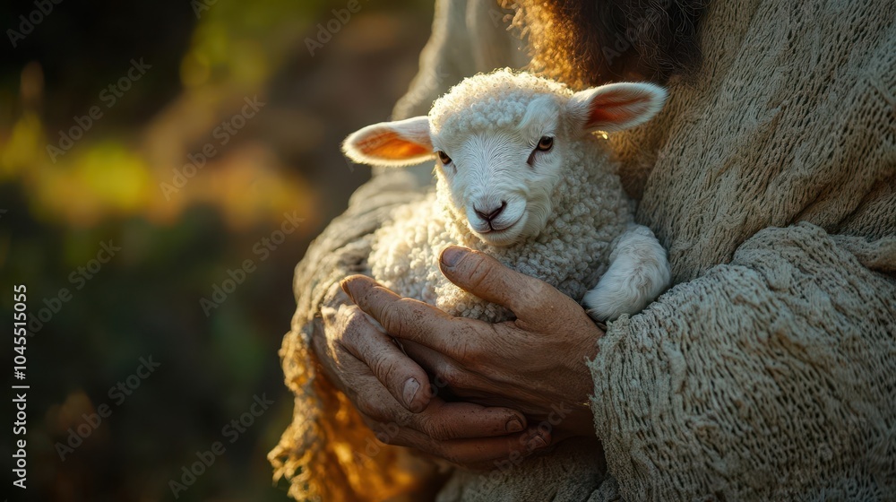 gentle hands of jesus cradling a small lamb symbolizing care and protection in a soft ethereal light that conveys warmth and compassion