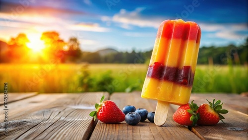 Fototapeta Naklejka Na Ścianę i Meble -  A refreshing popsicle leans against a wooden table, with a handful of ripe blueberries and strawberries, set against a backdrop of a sun-drenched meadow and a vibrant summer sky.