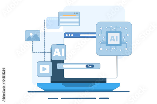 AI assisted search engine concept, Artificial intelligence with search results, AI processing search engine results, Online web search engine with AI helps users find information faster.
