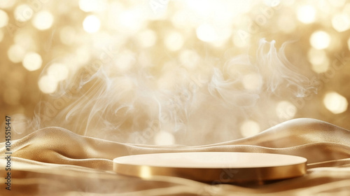 Round golden table top with abstract shadow drop on gold  white wall background for mockup product display golden background. Perfect for wedding invitations, feminine designs, and advertising themes.