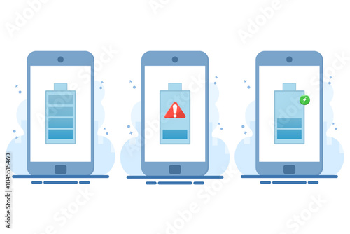 Smartphone battery energy level indicator concept, low battery level, battery charging, fully charged battery, Flat vector illustration on background.